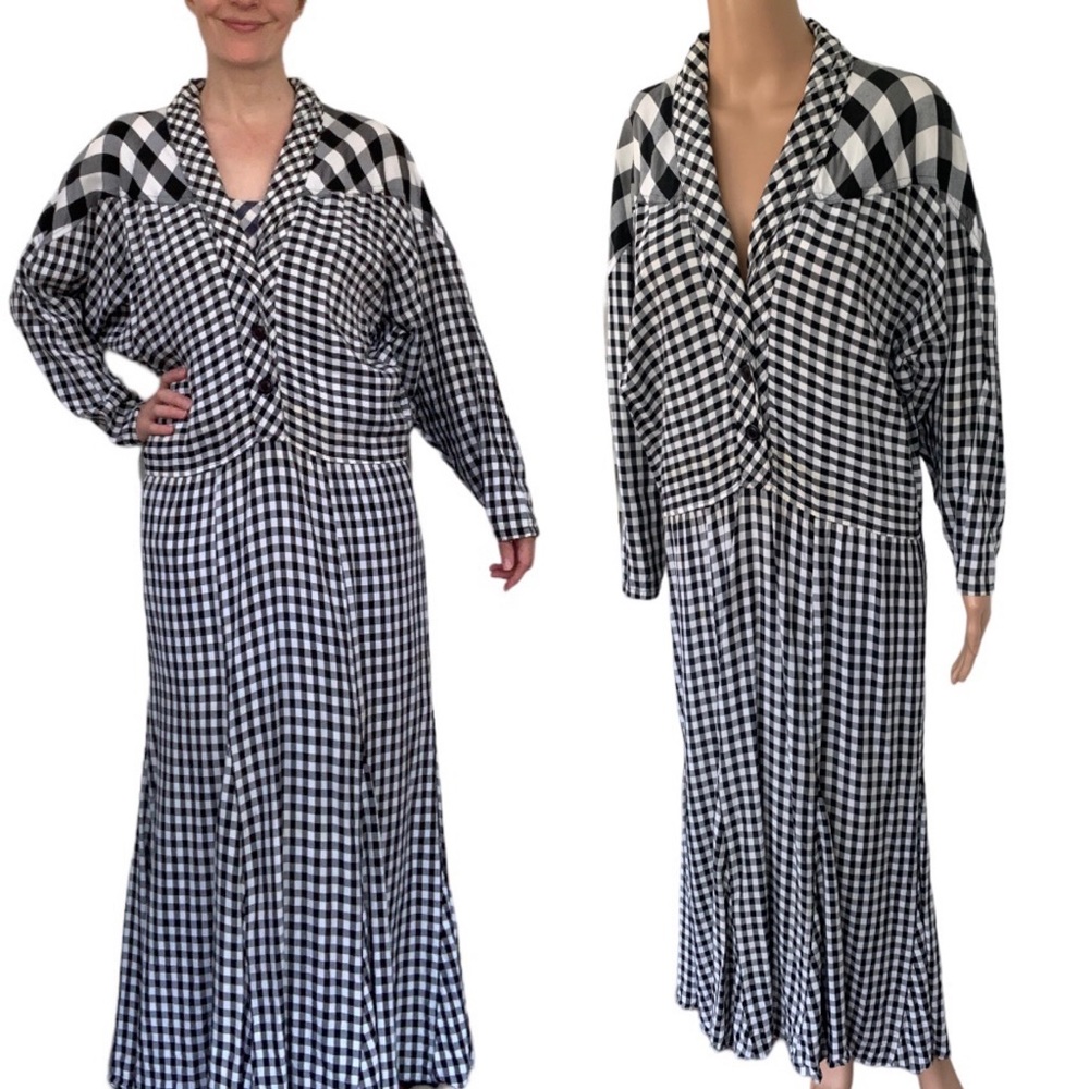 Vintage 80s Casual Rayon Plaid Black and White Print Dress 10